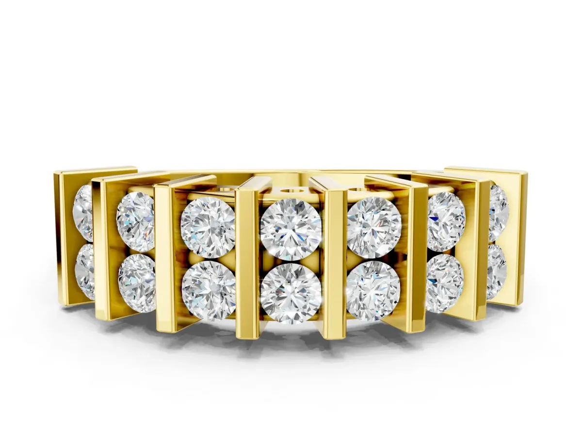 Channel Set Round Diamond Step Band with Bar Prong Setting Yellow gold