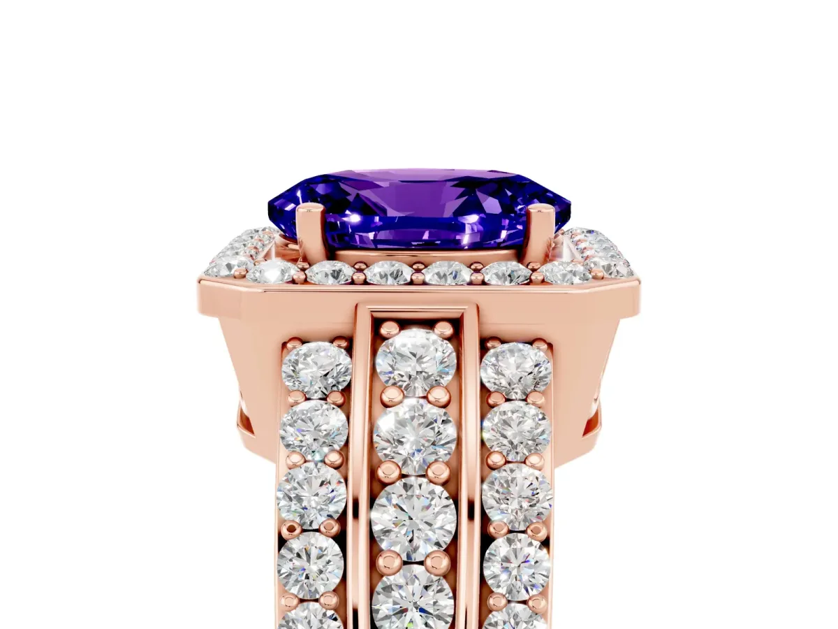 Oval Cut Halo Tanzanite Ring with Round Split Shank and Prong Setting Rose gold