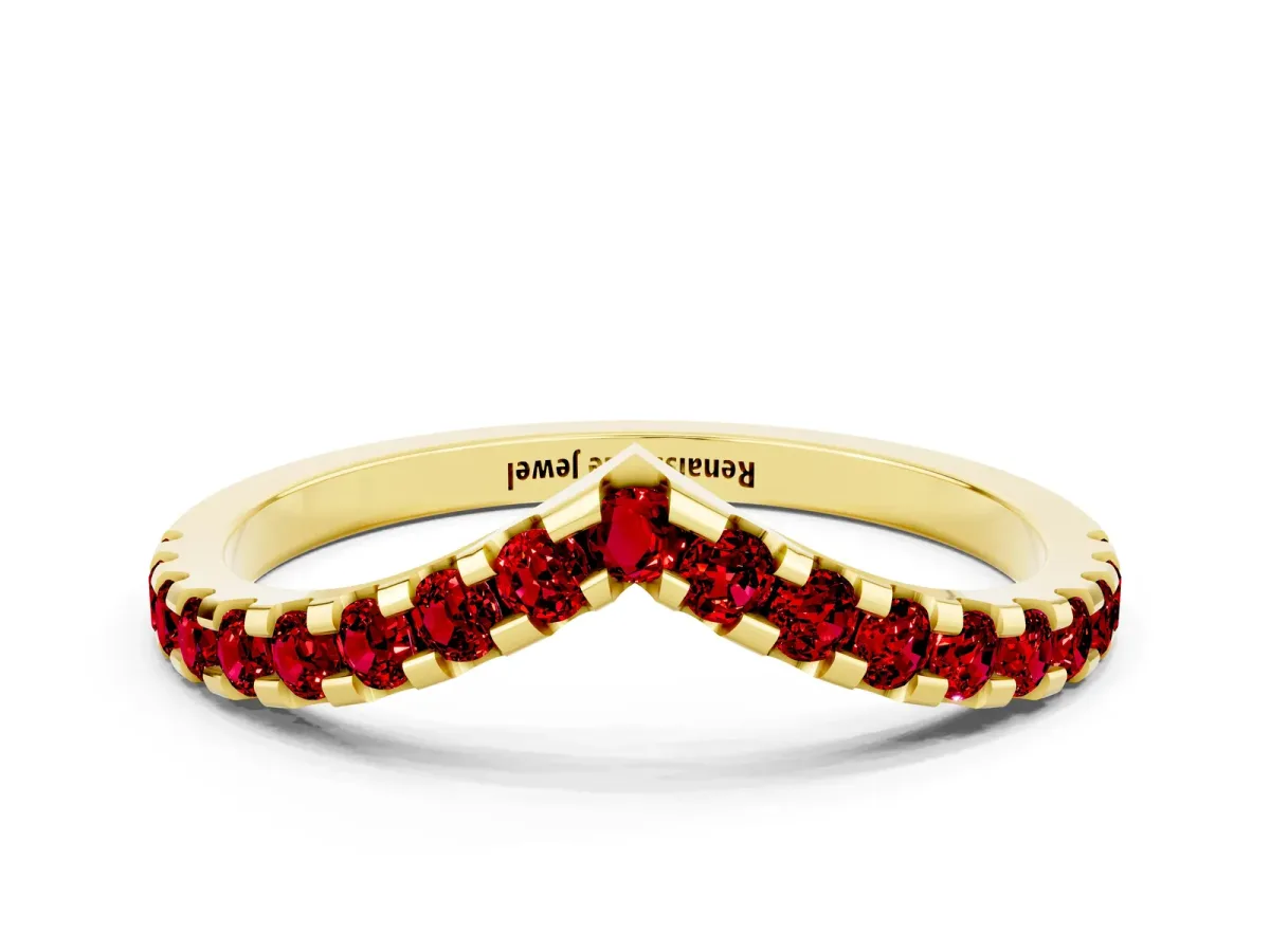 Pavé Round Ruby Chevron Band with Shared Prong Setting Yellow gold