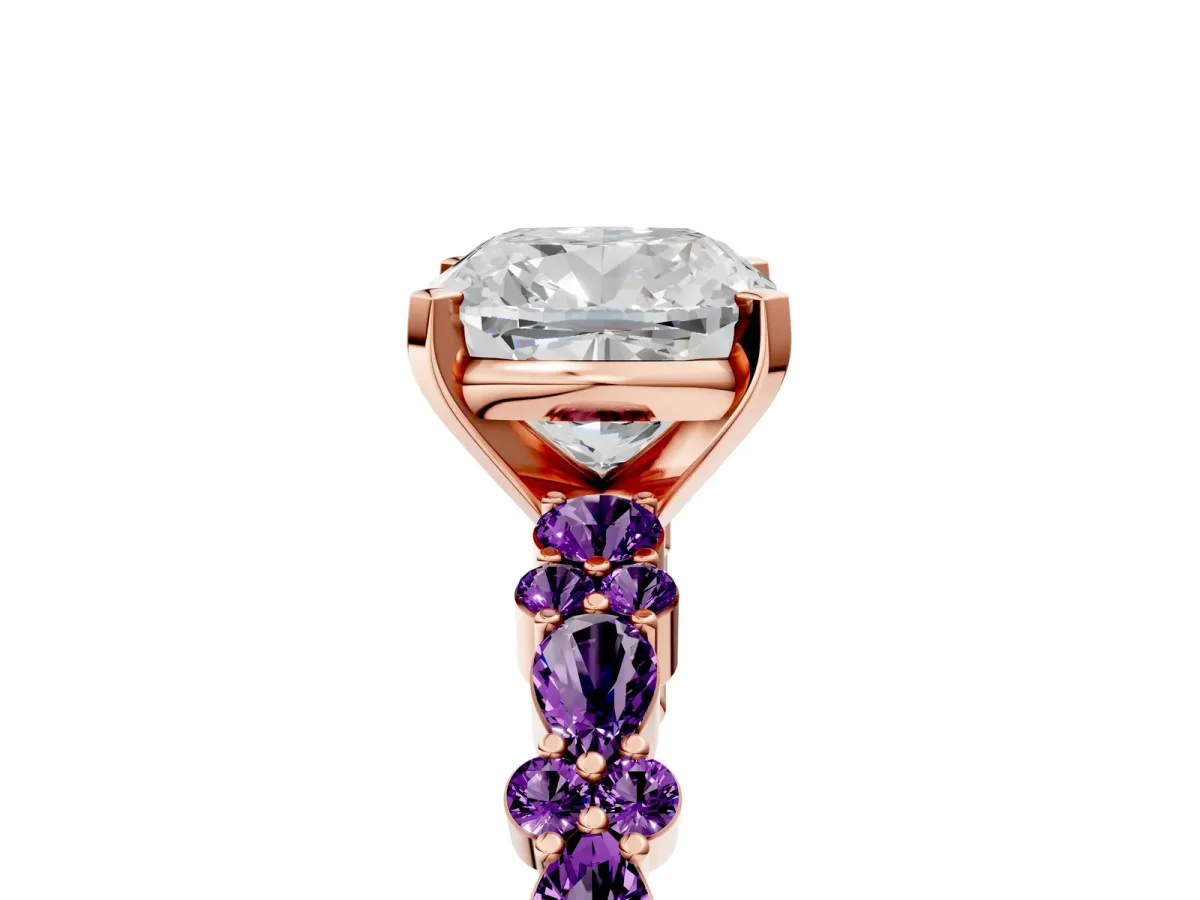 Cushion Cut Diamond Side Stone Solitaire Ring with Round Amethyst and Four-Prong Setting Rose gold