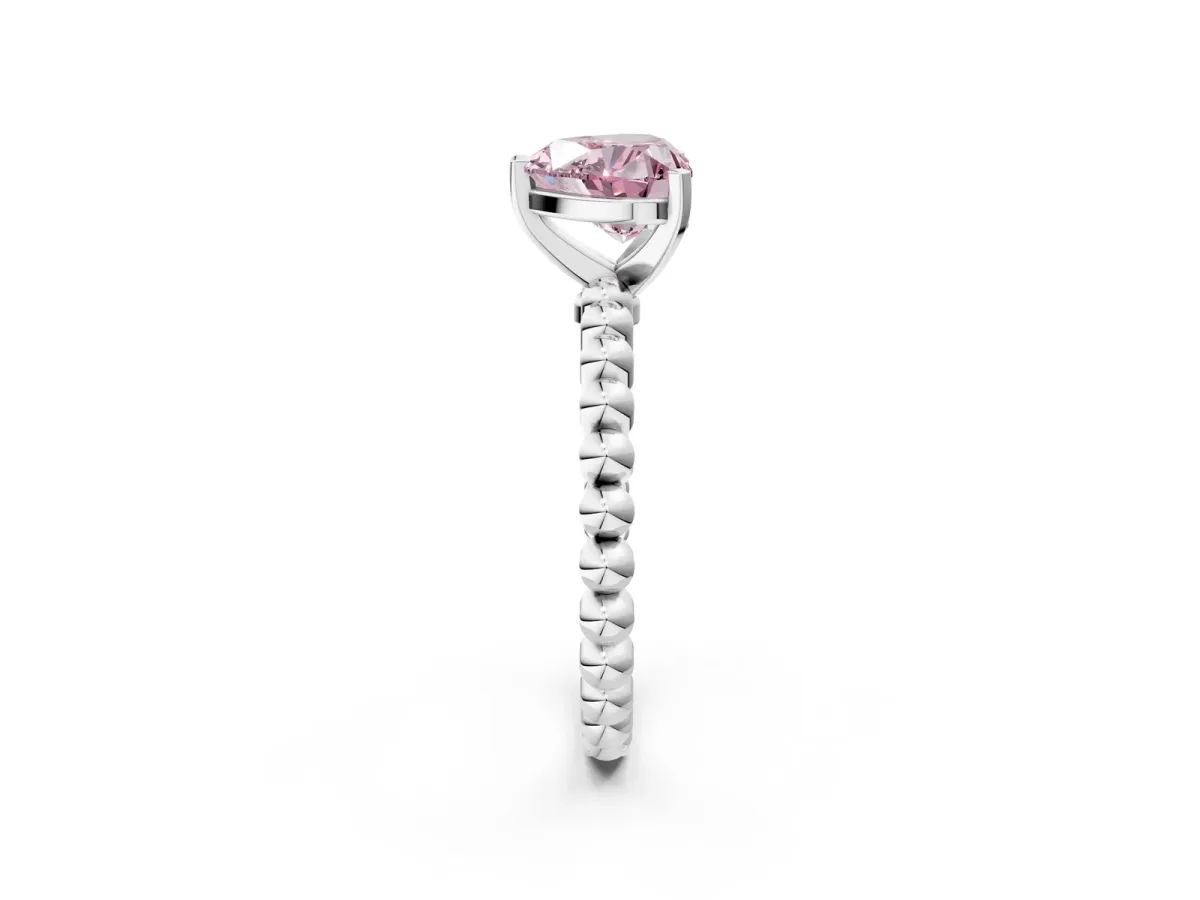Fancy Pink Heart Cut Diamond Solitaire Ring with Beaded Band and Prong Setting Silver