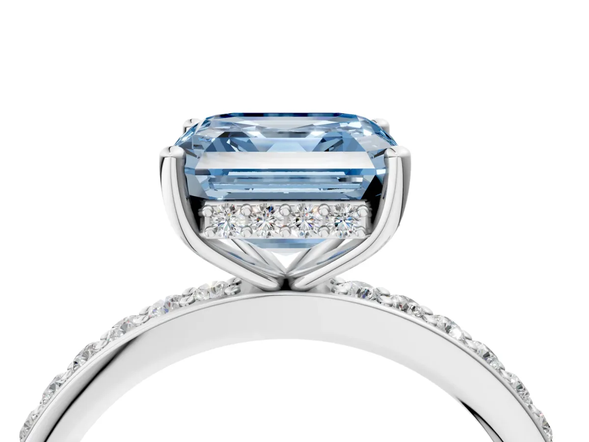 Fancy Blue Asscher Cut Cut Diamond Pavé Band Ring with Four-Prong Setting Platinum