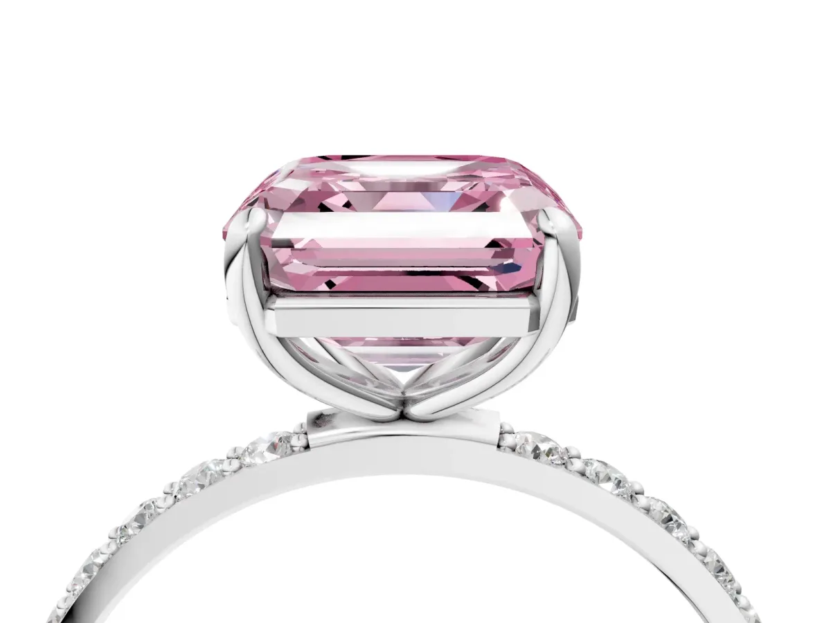 Fancy Pink Asscher Cut Diamond Solitaire Ring with Round Pavé Band and Prong Setting Silver
