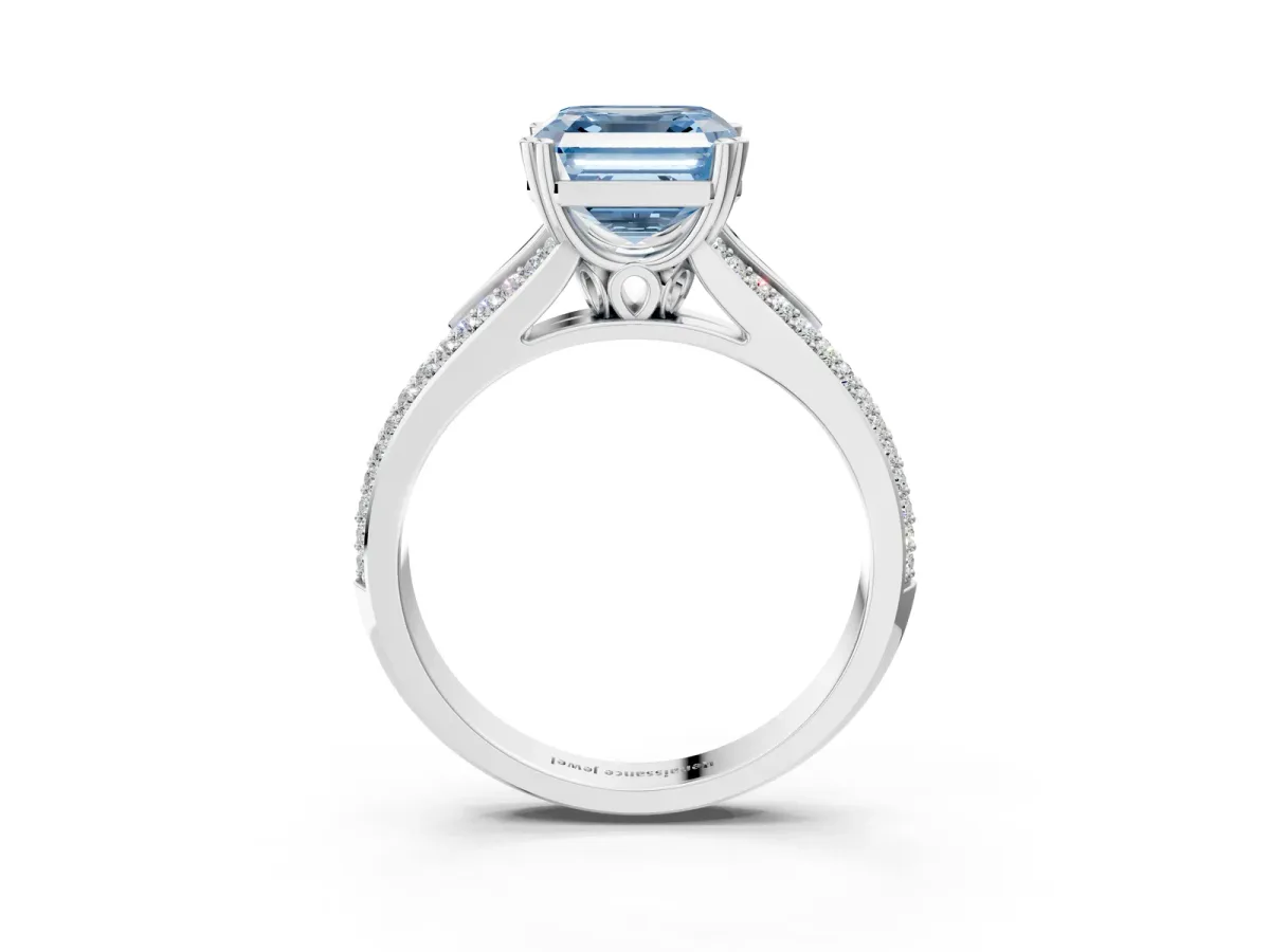 Fancy Blue Asscher Cut Diamond Split Shank Engagement Ring with Pavé Band Platinum