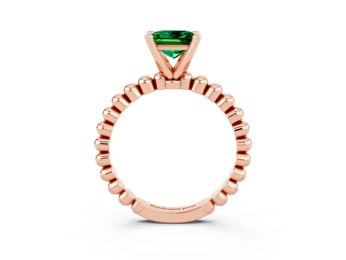 Princess Cut Emerald Solitaire Ring with Beaded Band and Prong Setting Rose gold