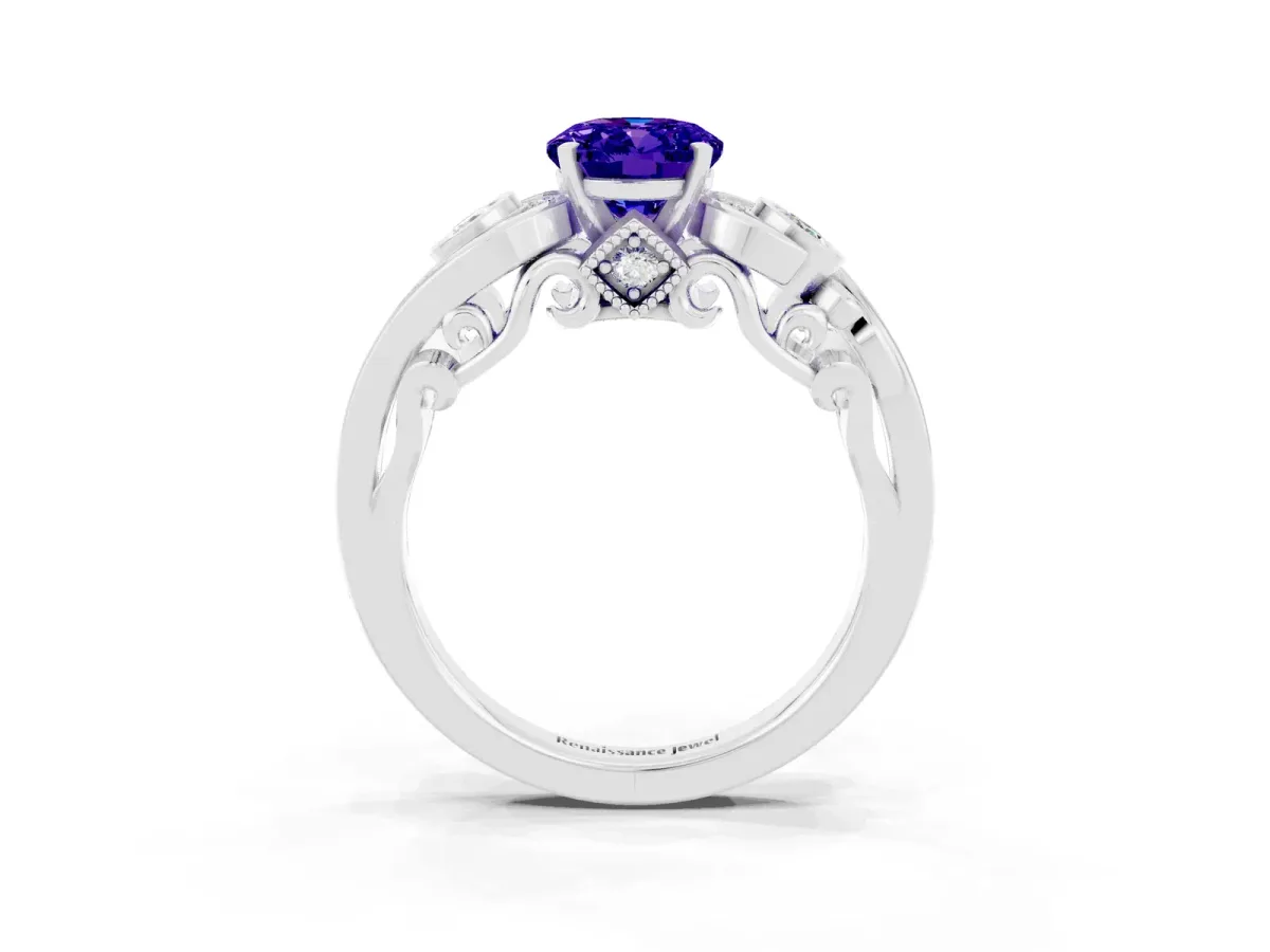 Oval Cut Tanzanite Solitaire Ring with Milgrain Pavé Band and Four-Prong Setting Silver