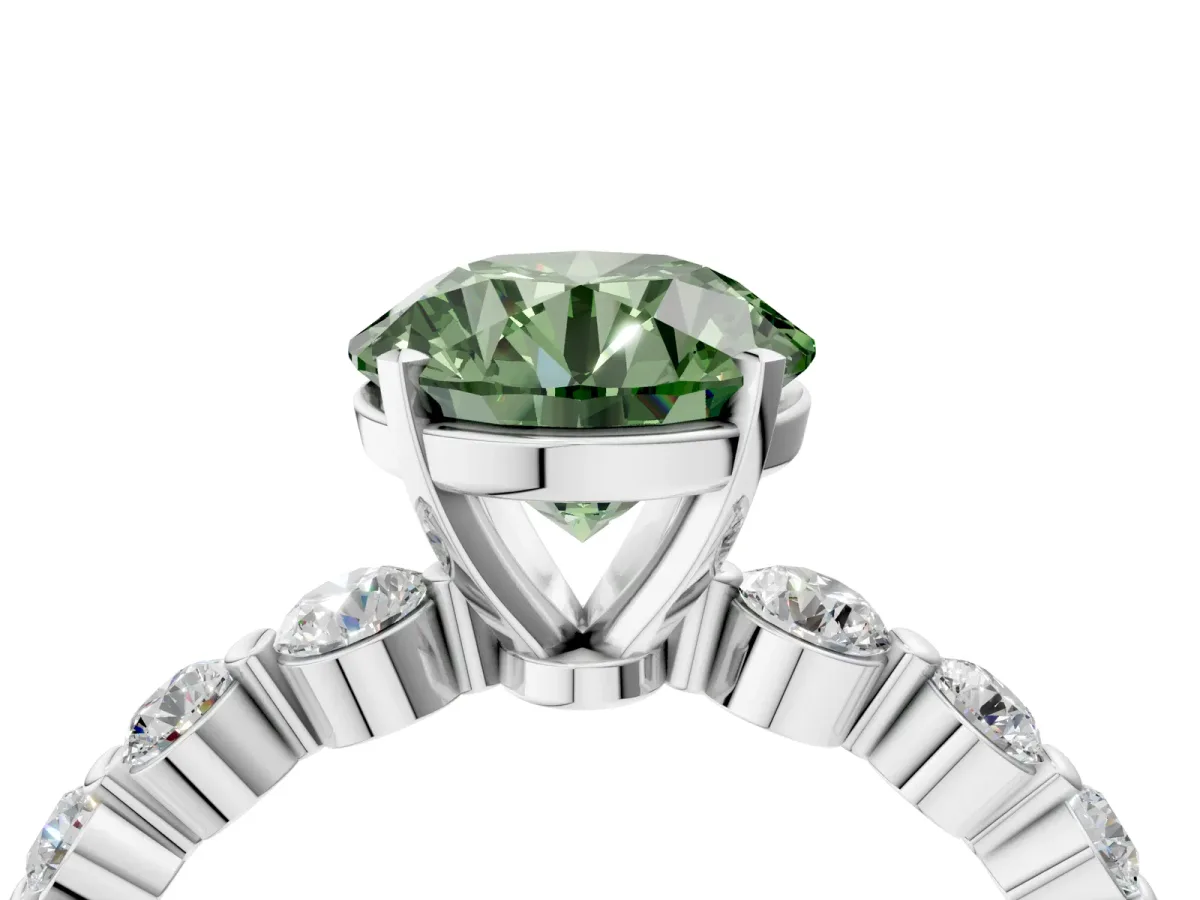 Fancy Green Round Cut Solitaire Diamond Ring with Pave Band and Four-Prong Setting Silver