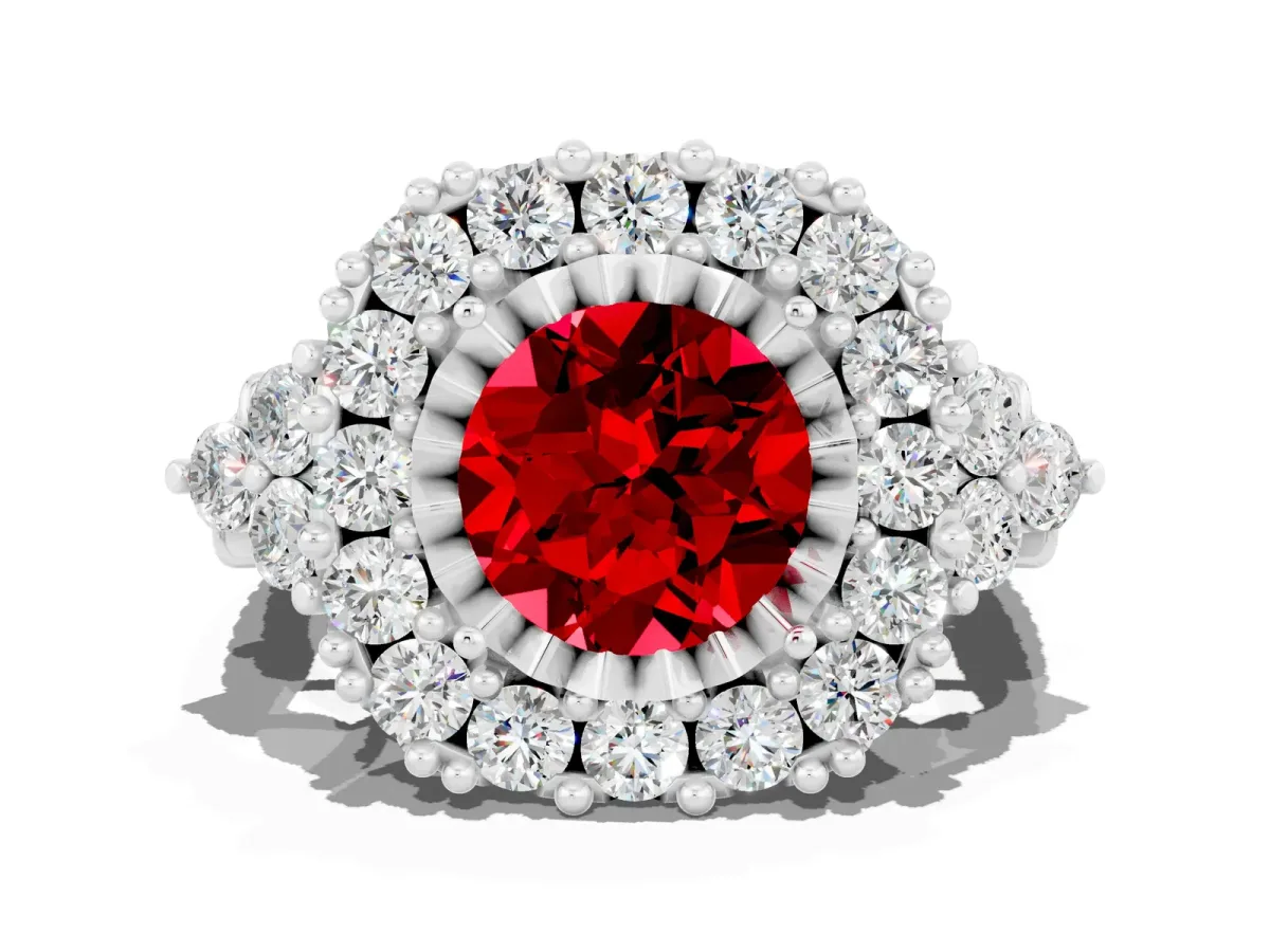 Round Cut Ruby Halo Ring with Pavé Band and Four-Prong Setting Silver