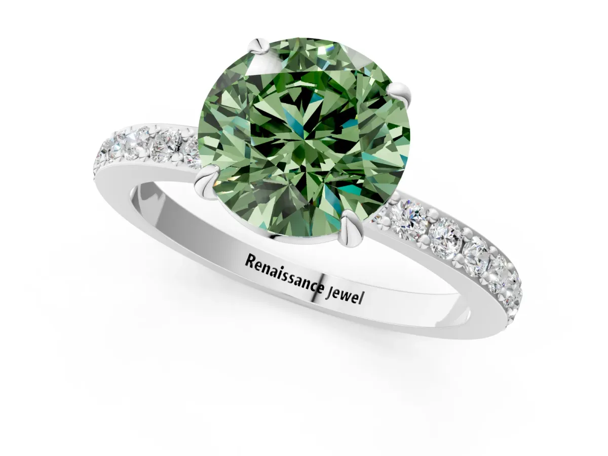Fancy Green Round Cut Diamond Solitaire Engagement Ring with Pavé Band and Four-Prong Setting Silver