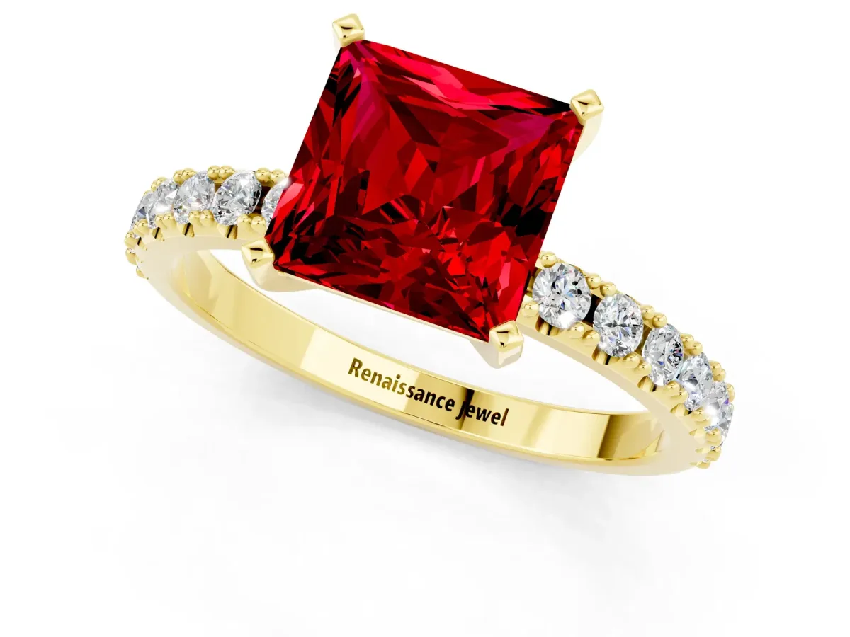 Princess Cut Ruby Solitaire Pavé Band with Four-Prong Setting Yellow gold