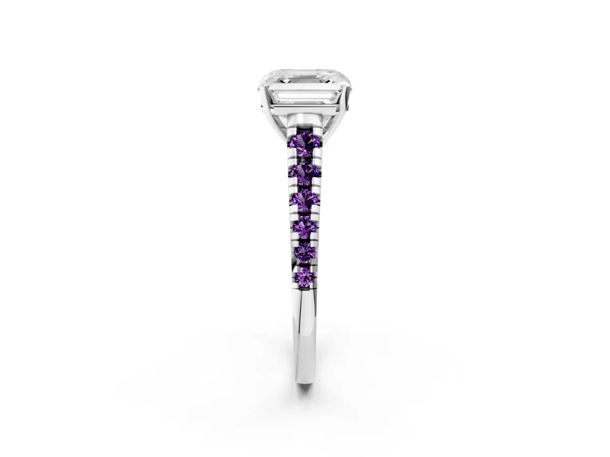 Asscher Cut Diamond Cathedral Solitaire Ring with Round Amethyst Pavé Band Silver