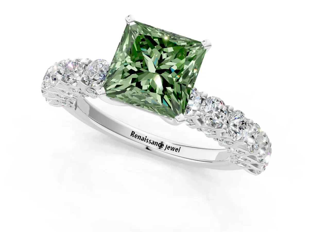 Fancy Green Princess Cut Diamond Solitaire Ring with Shared Prong Pavé Band and Four-Prong Setting Silver