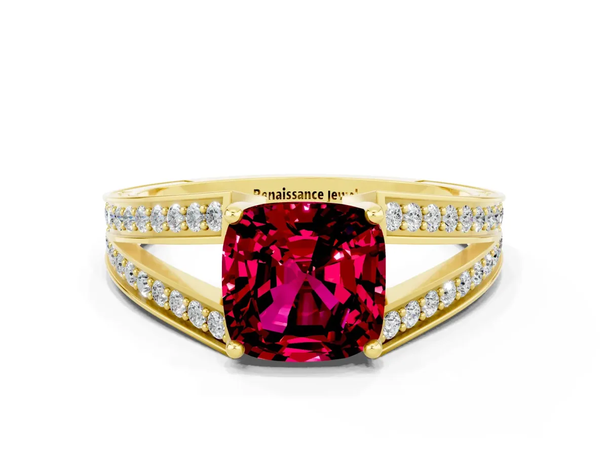 Cushion Cut Garnet Split Shank Ring with Pavé Band and Four-Prong Setting Yellow gold