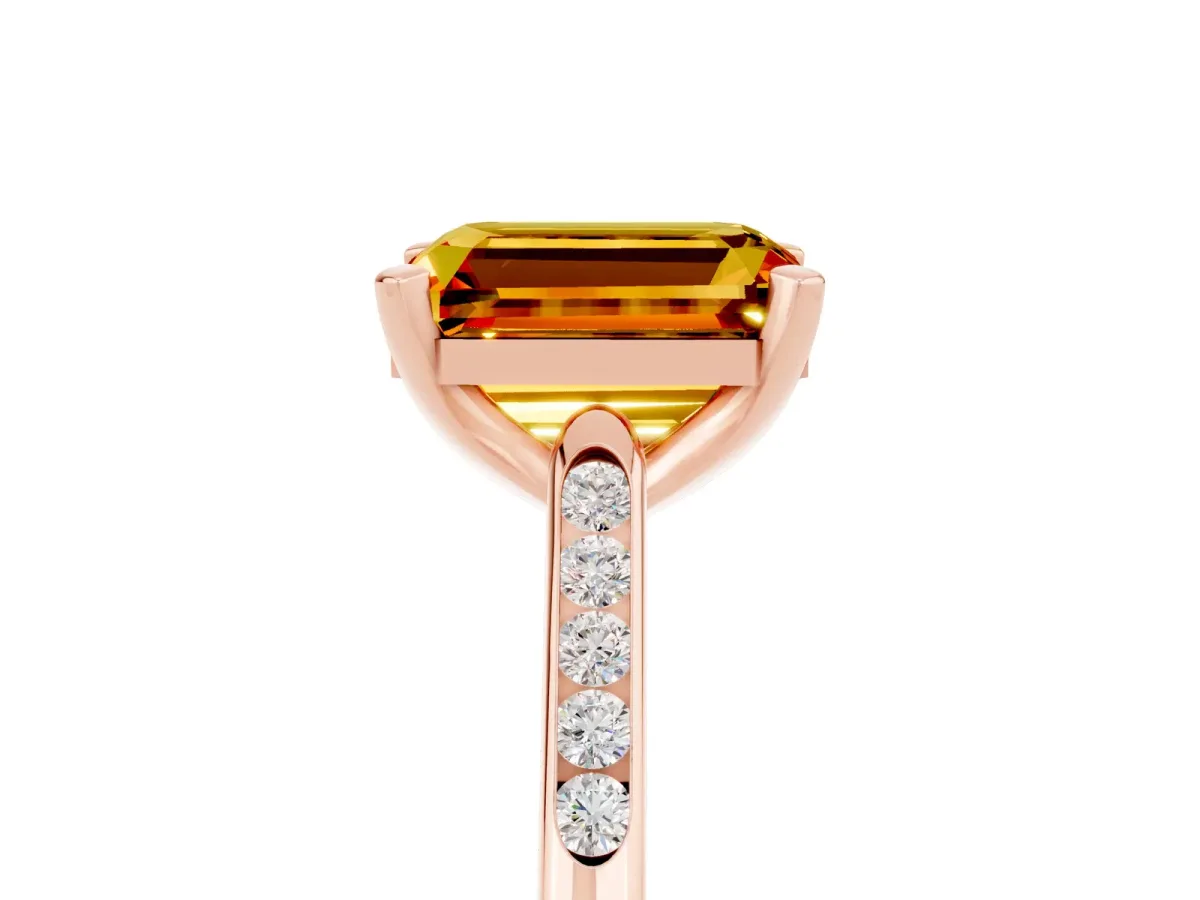 Emerald Cut Citrine Solitaire Ring with Channel Set Round Band and Prong Setting Rose gold