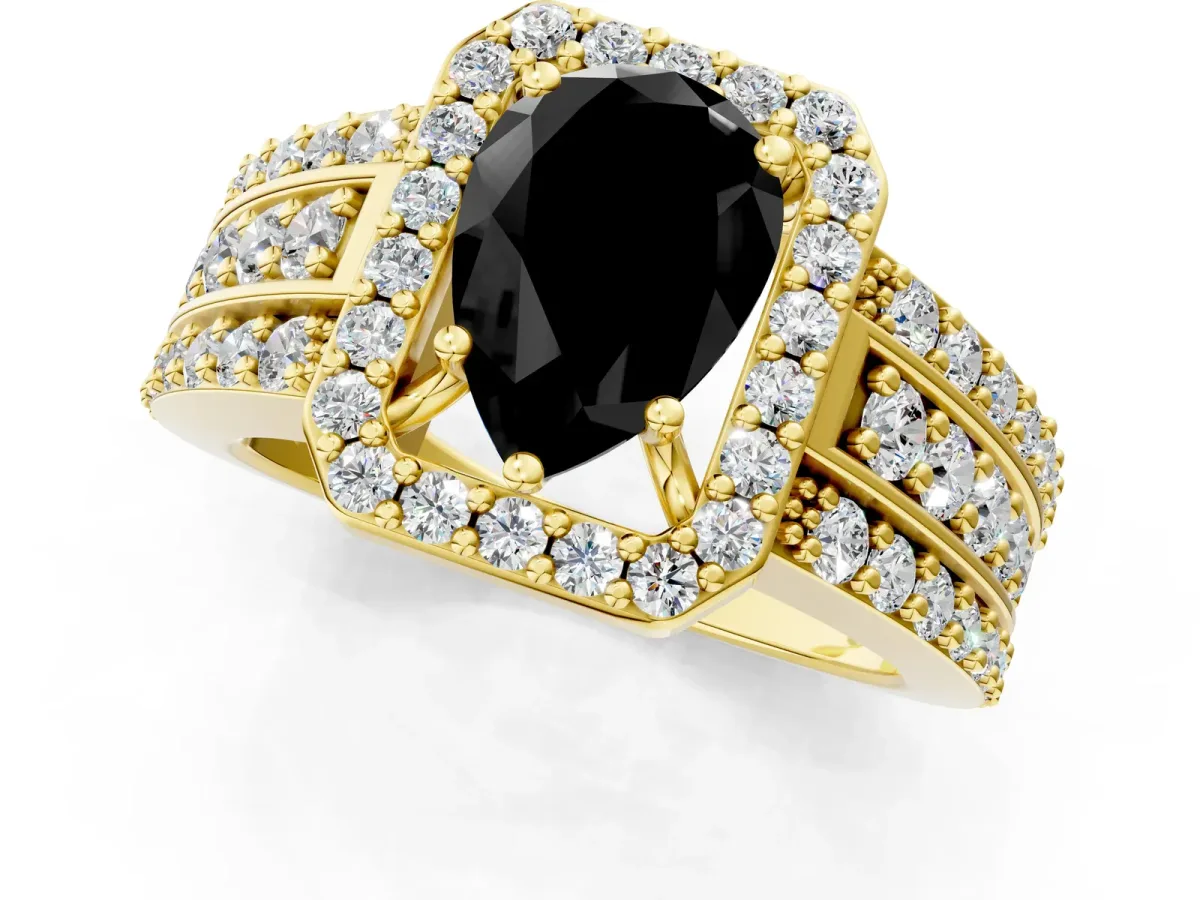 Fancy Black Pear Cut Halo Diamond Ring with Round Split Shank and Prong Setting Yellow gold