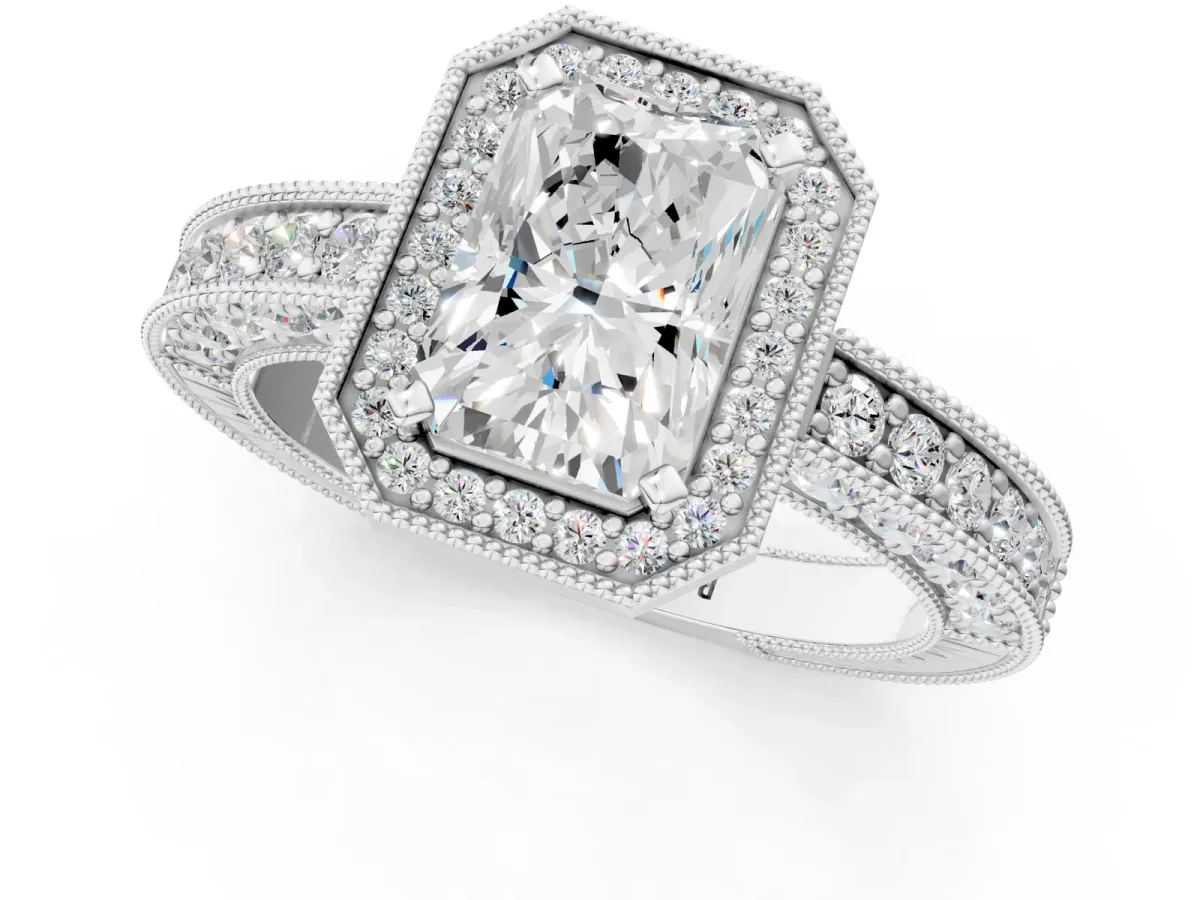 Radiant Cut Cut Halo Diamond Pave Band Ring with Four-Prong Setting Platinum