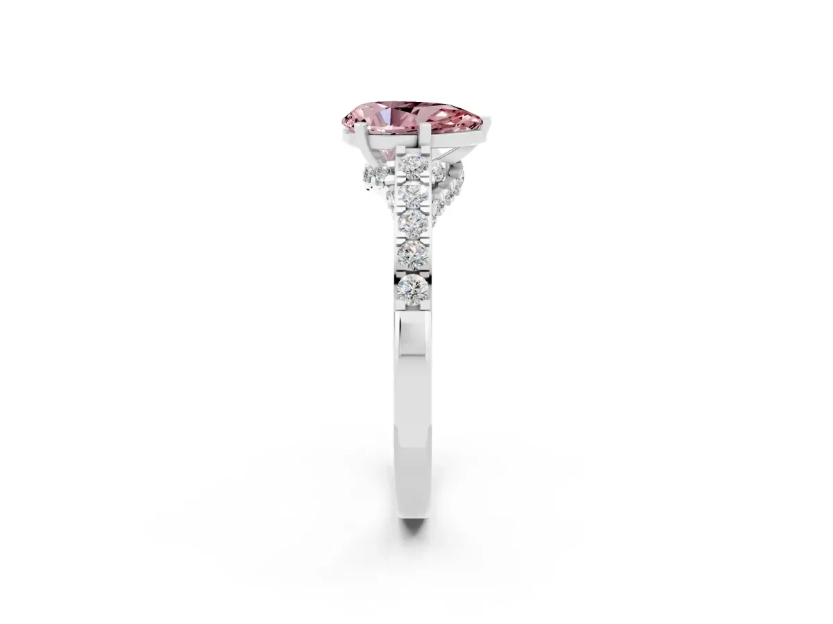 Pear Cut Morganite Solitaire Ring with Crossover Gallery and Round Pavé Band Silver