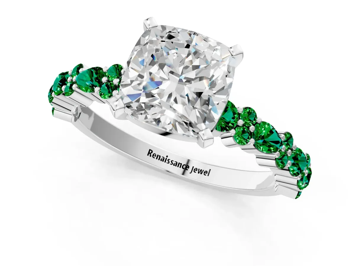 Cushion Cut Diamond Side Stone Solitaire Ring with Round Emerald and Four-Prong Setting White gold