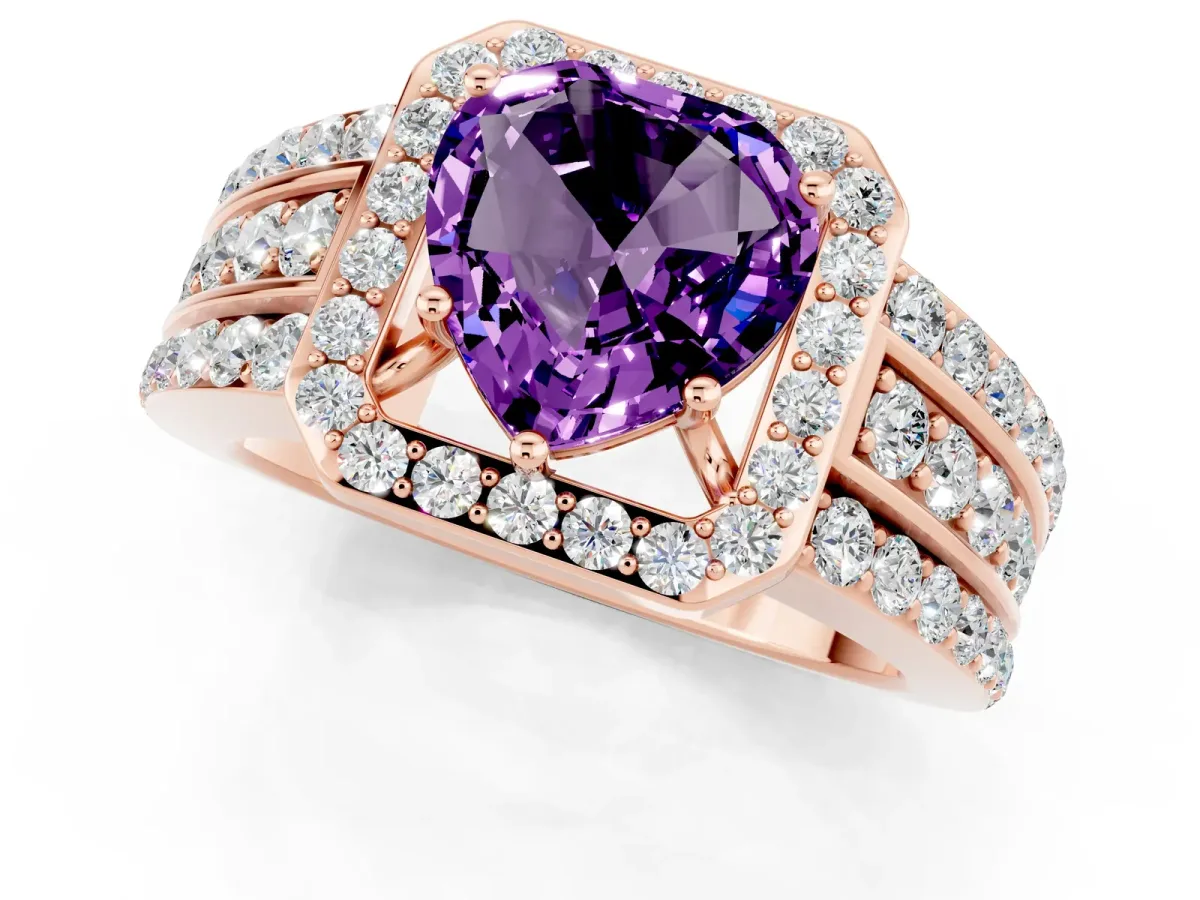Heart Cut Halo Amethyst Ring with Round Split Shank and Prong Setting Rose gold