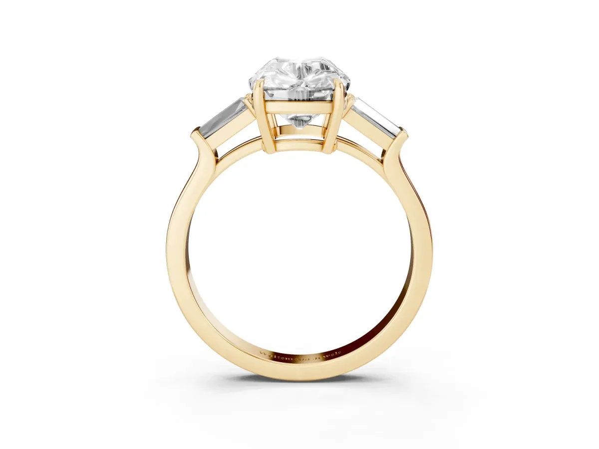 Old Mine Elongated Cushion Diamond with Side Tapered Baguette Three Stone Ring Yellow gold
