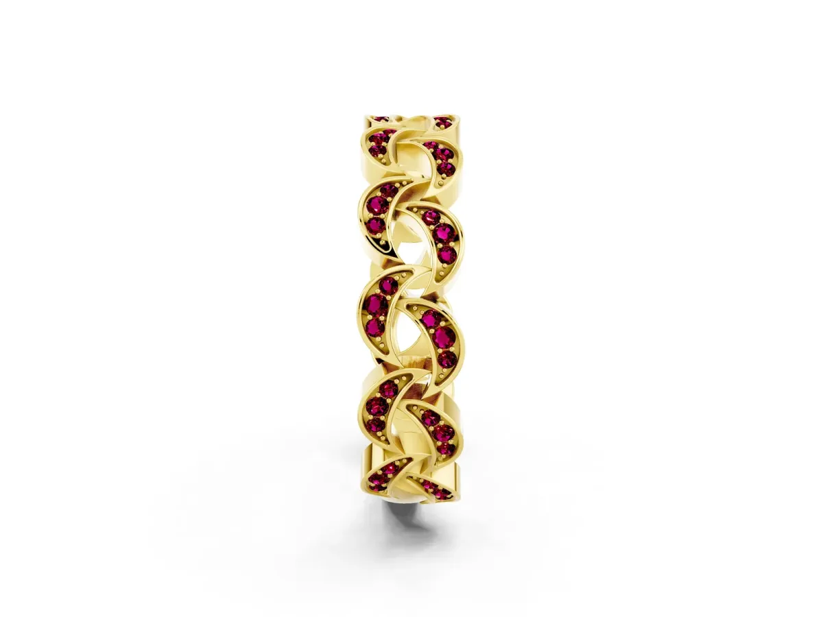 Pavé Round Garnet Interlocking Eternity Band with Bezel Prong Setting Yellow gold