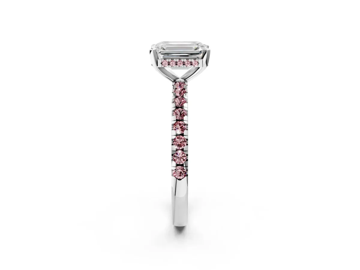 Emerald Cut Diamond Solitaire Ring with Round Morganite Pavé Band and Four-Prong Setting Silver