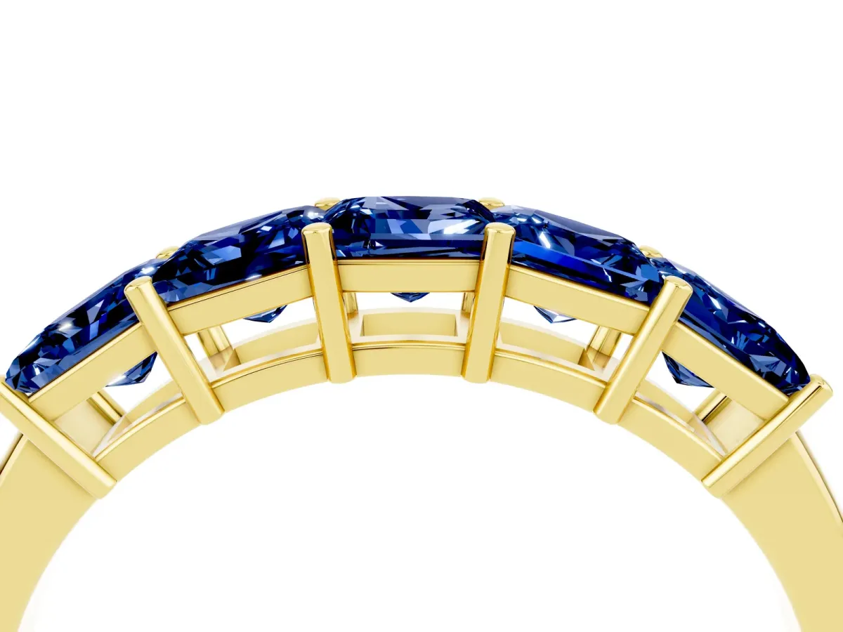 Princess Cut Five-Stone Blue Sapphire Band with Prong Setting Yellow gold
