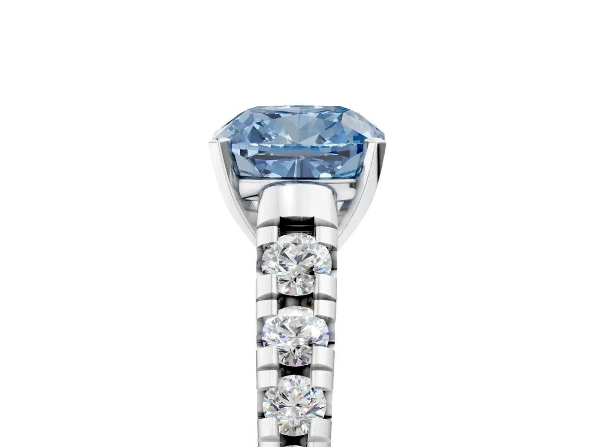 Fancy Blue Cushion Cut Diamond Cathedral Solitaire Ring with Round Pavé Band Silver