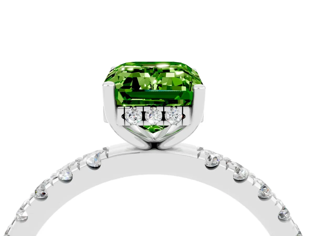 Emerald Cut Peridot Pave Band Solitaire Ring with Round and Prong Setting Platinum