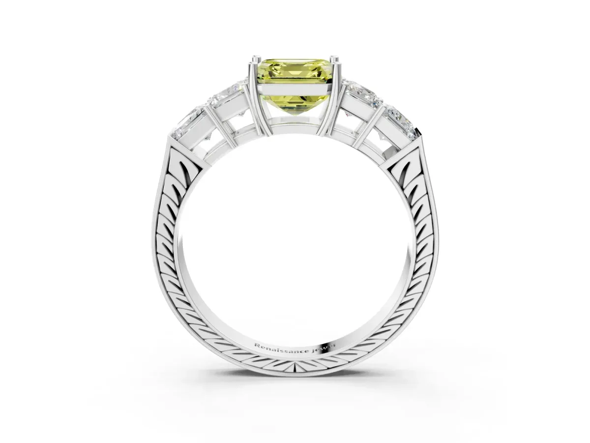 Fancy Yellow Asscher Cut Solitaire Princess Side Stone Engraved Band Prong Setting Ring Platinum