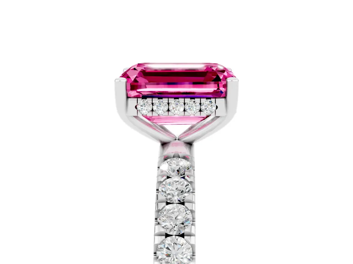 Emerald Cut Pink Sapphire Pave Band Solitaire Ring with Round and Prong Setting Silver