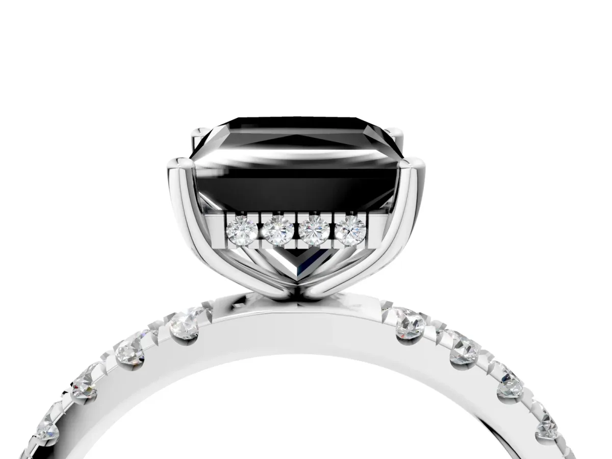 Fancy Black Princess Cut Diamond Pave Band Solitaire Ring with Round and Prong Setting Silver