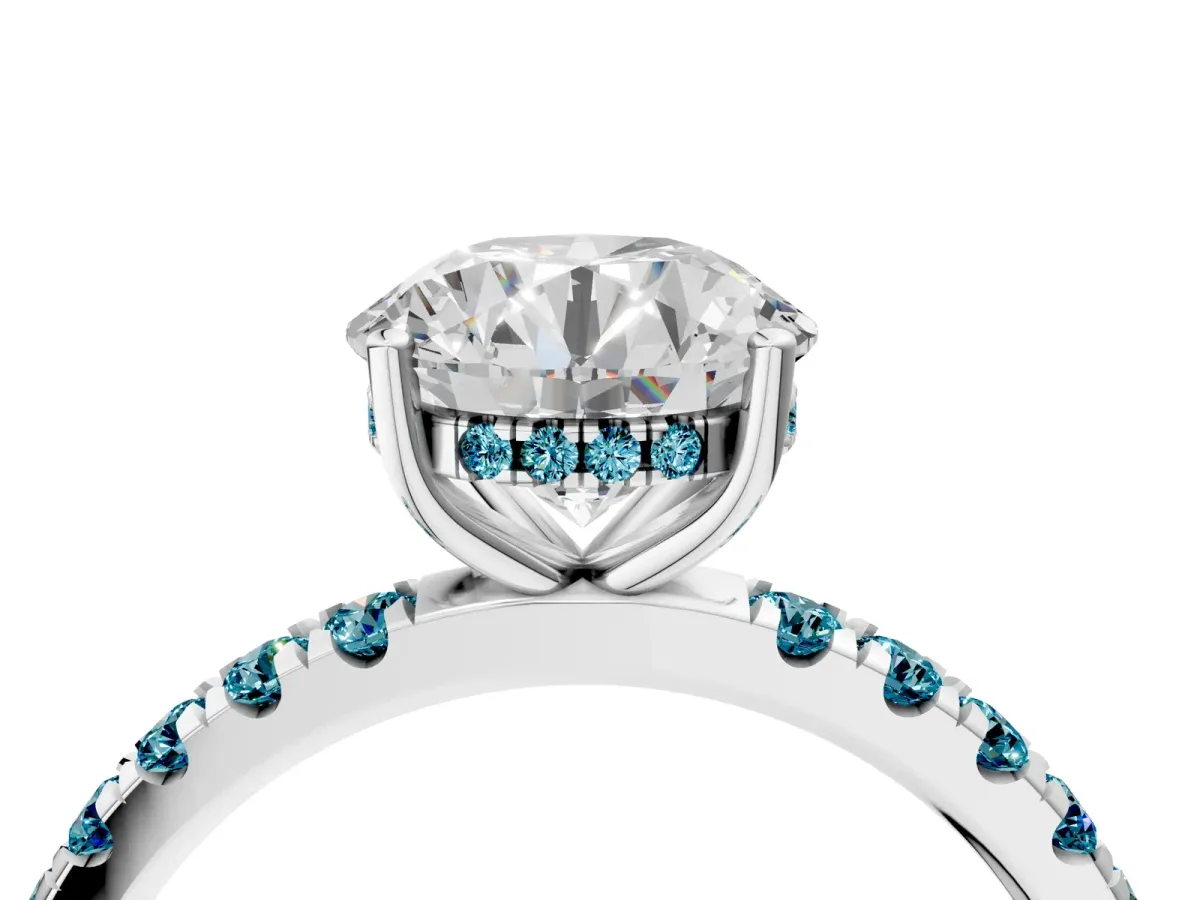 Round Cut Diamond Pave Band Solitaire Ring with Round Blue Topaz and Prong Setting Silver