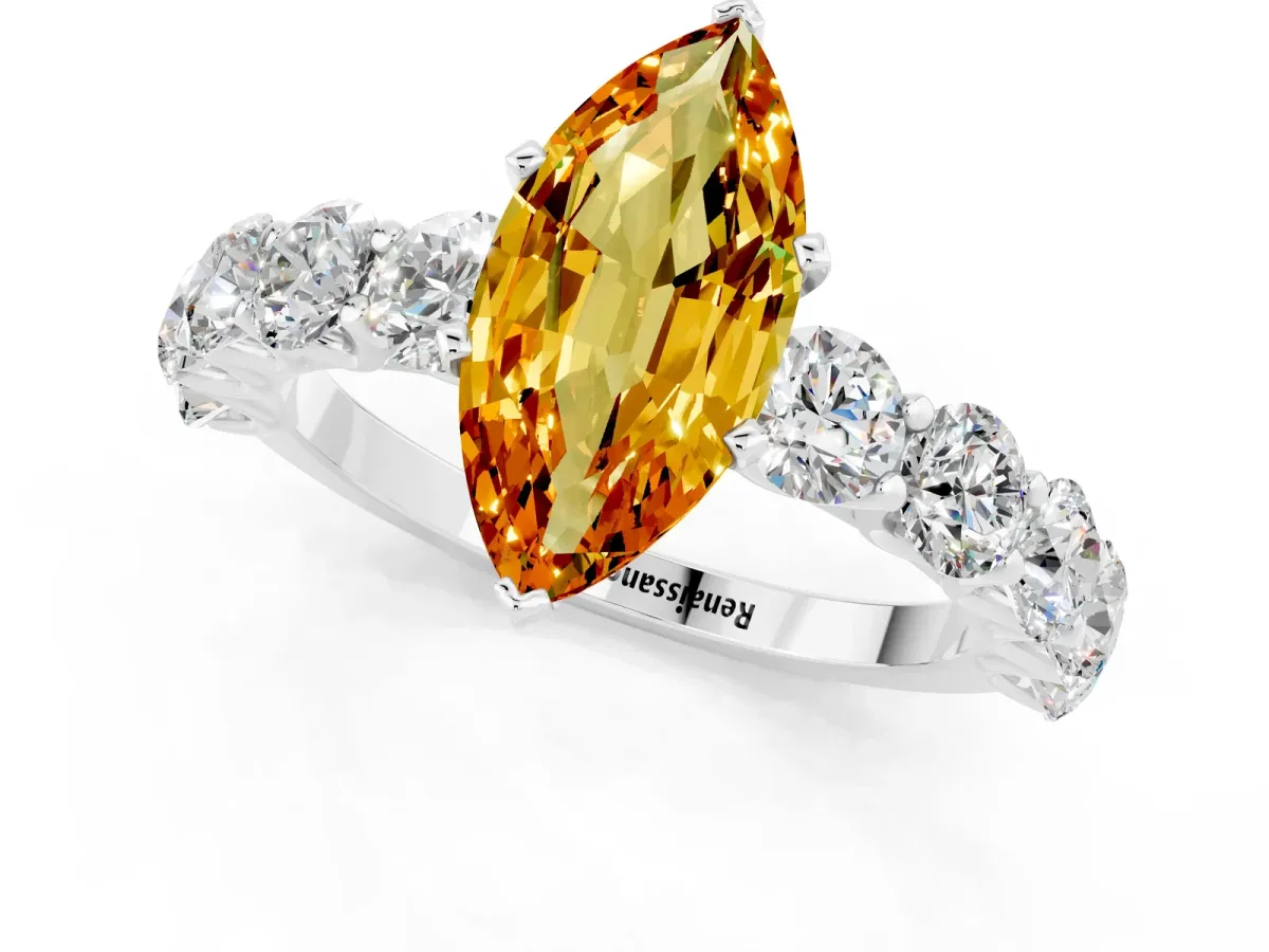 Marquise Cut Citrine Prong Setting with Side Stones on a Pave Band Silver