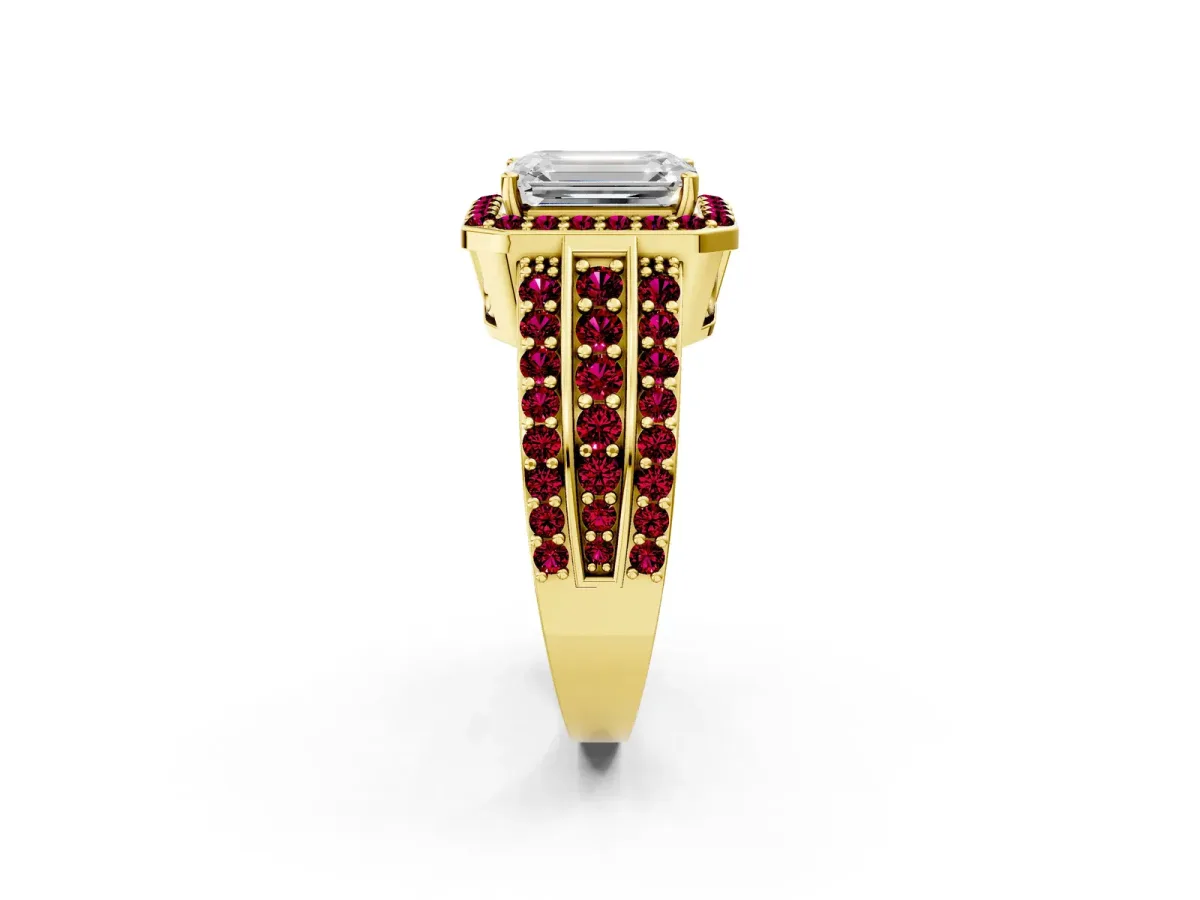 Emerald Cut Halo Diamond Ring with Round Garnet Split Shank and Prong Setting Yellow gold