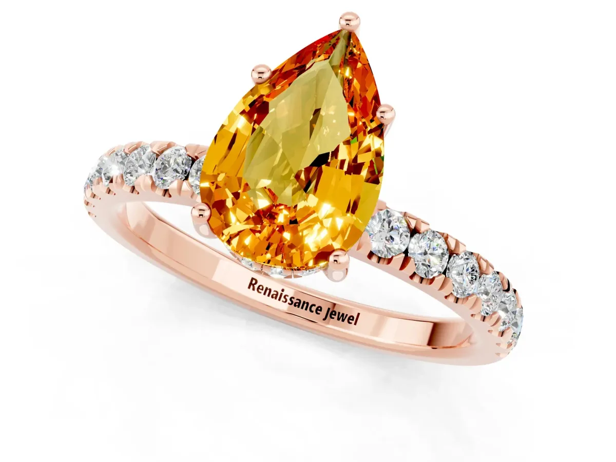 Pear Cut Citrine Pave Band Solitaire Ring with Round and Prong Setting Rose gold