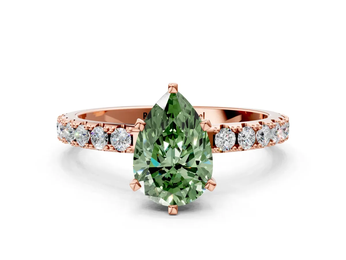 Fancy Green Pear Cut Diamond Solitaire Pavé Band with Four-Prong Setting Rose gold