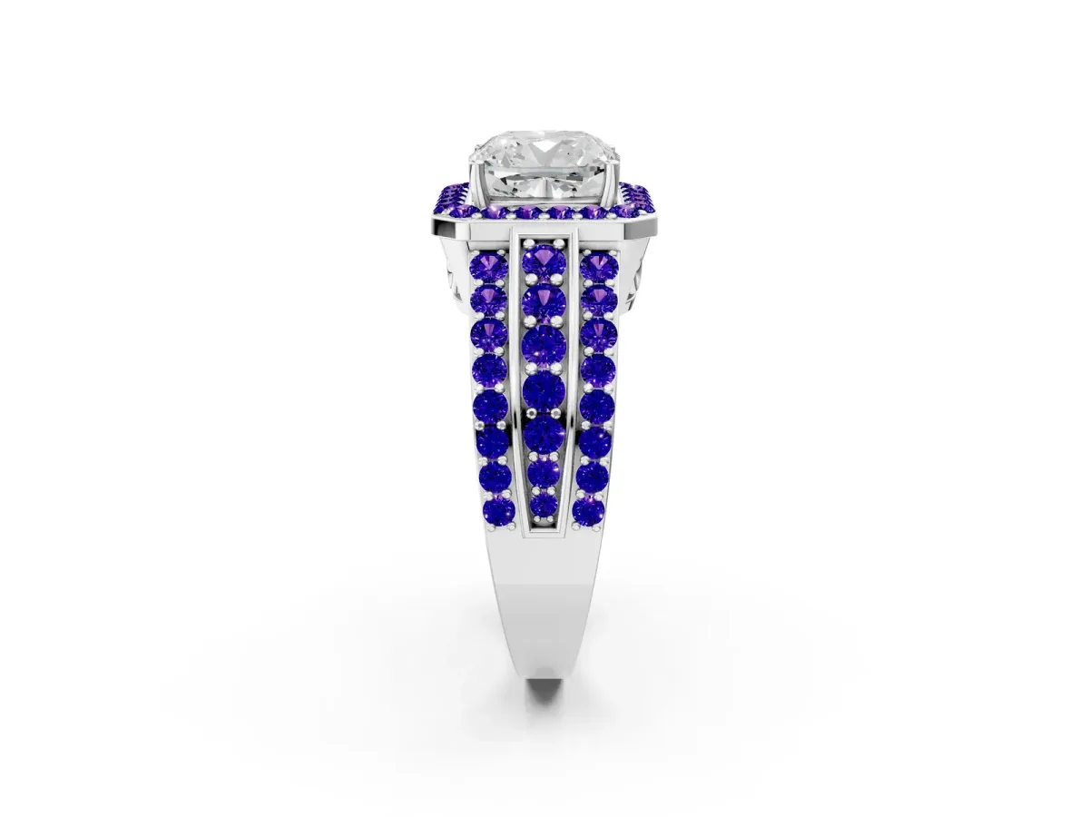 Cushion Cut Halo Diamond Ring with Round Tanzanite Split Shank and Prong Setting Silver