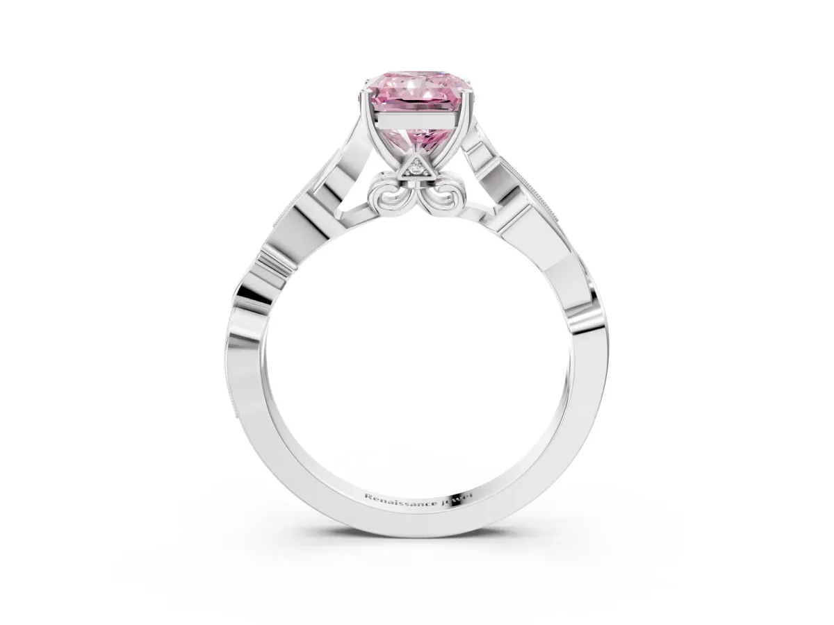 Fancy Pink Radiant Cut Solitaire Vine Band with Milgrain Prong Setting Platinum