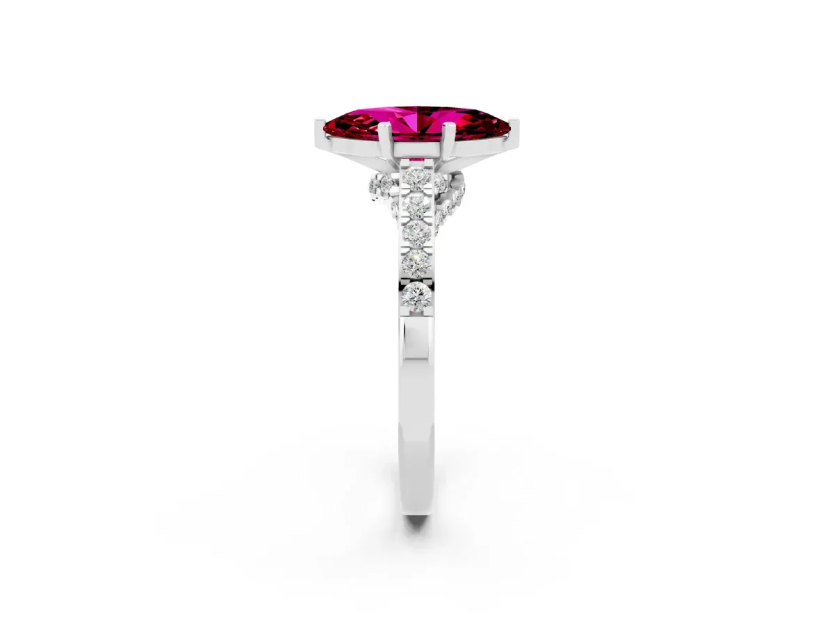 Marquise Cut Garnet Solitaire Ring with Crossover Gallery and Round Pavé Band Silver
