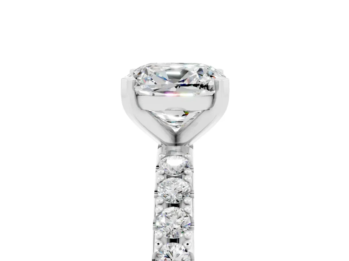 Cushion Cut Moissanite Solitaire Pavé Band with Four-Prong Setting Silver