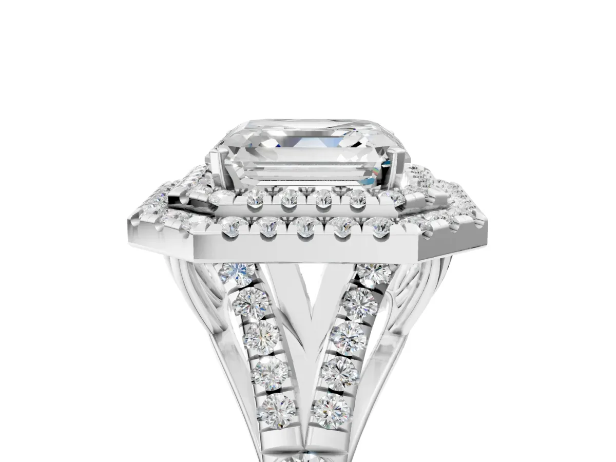 Asscher Cut Diamond Pavé Split Shank Double Halo Engagement Ring Platinum