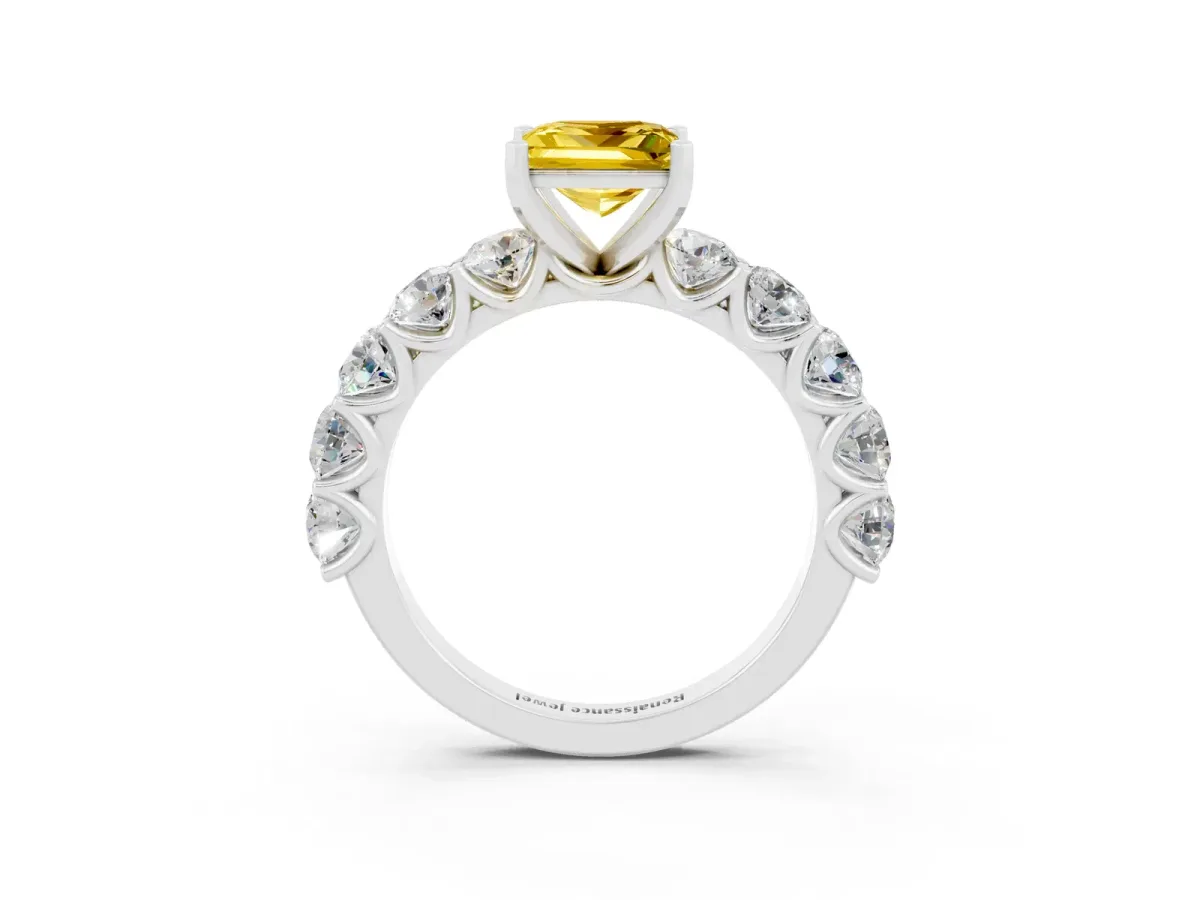 Princess Cut Yellow Sapphire Prong Setting with Side Stones on a Pave Band Silver
