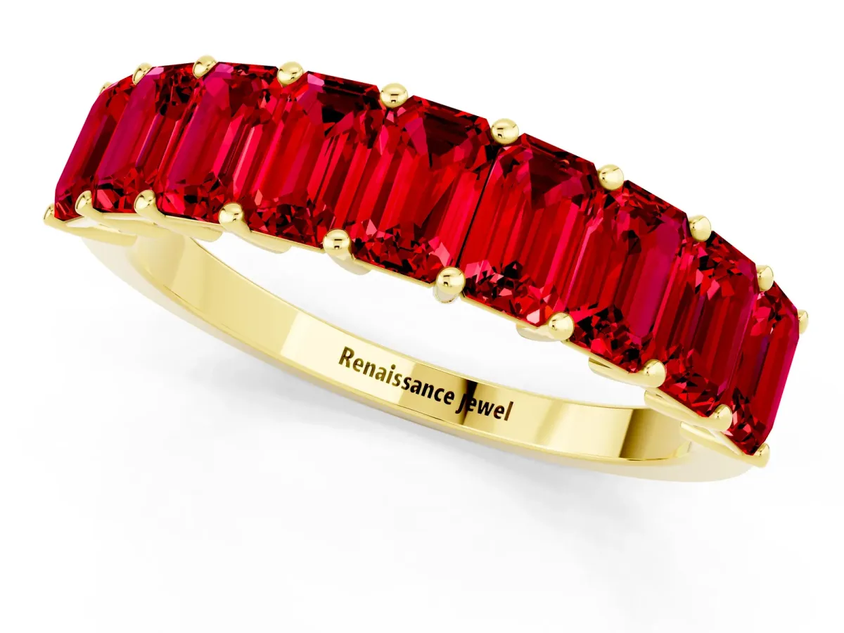 Emerald Cut Ruby Prong-Set Eternity Band Yellow gold