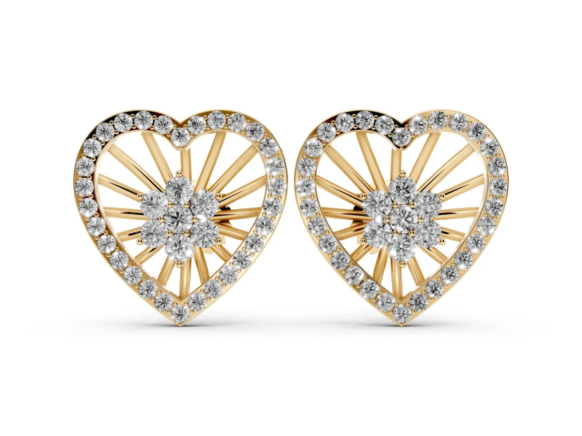 Round Diamond Open Heart Cluster Stud Earrings Yellow gold