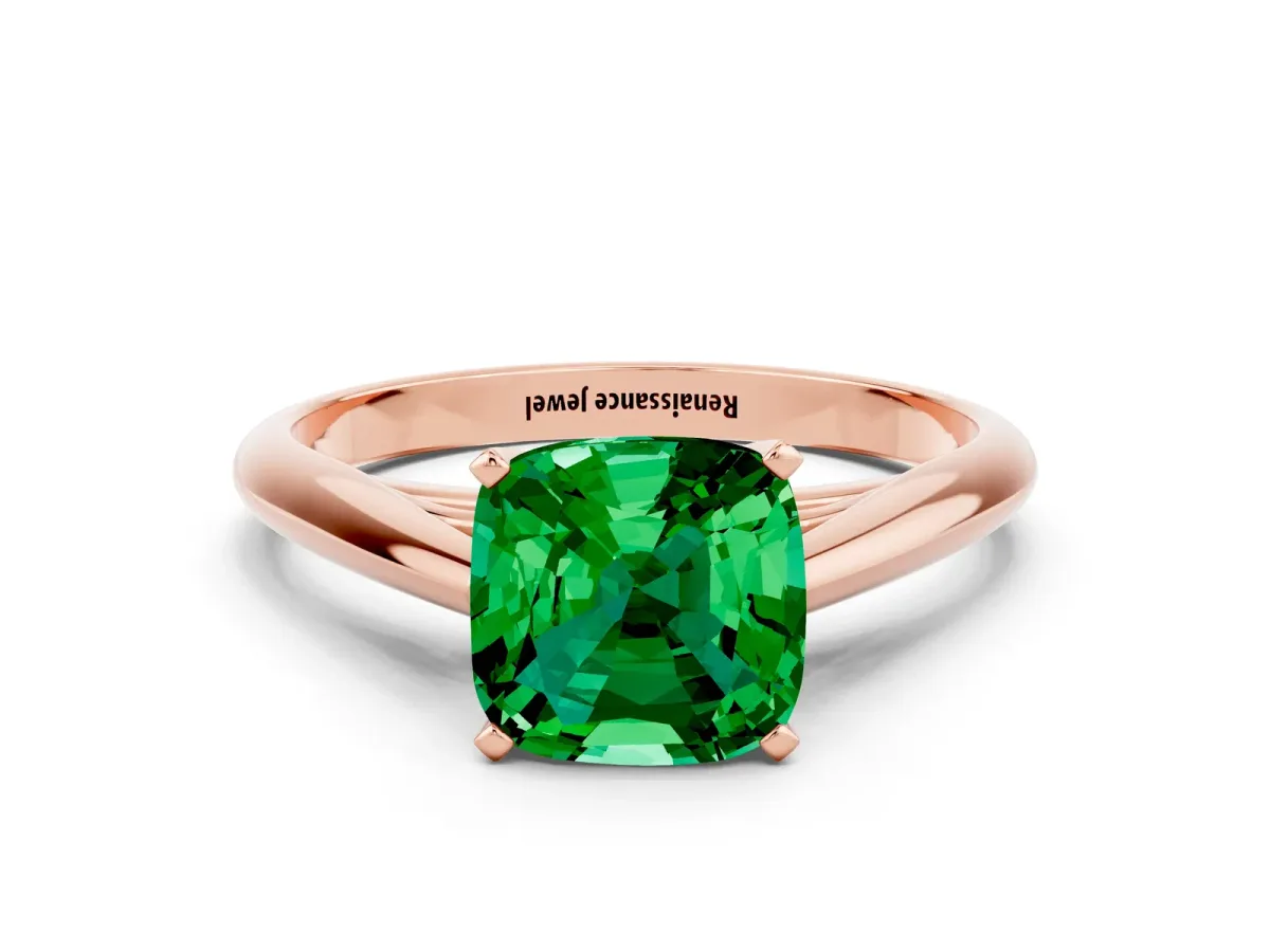 Cushion Cut Emerald Solitaire Engagement Ring with Cathedral Setting and Four-Prong Mount Rose gold