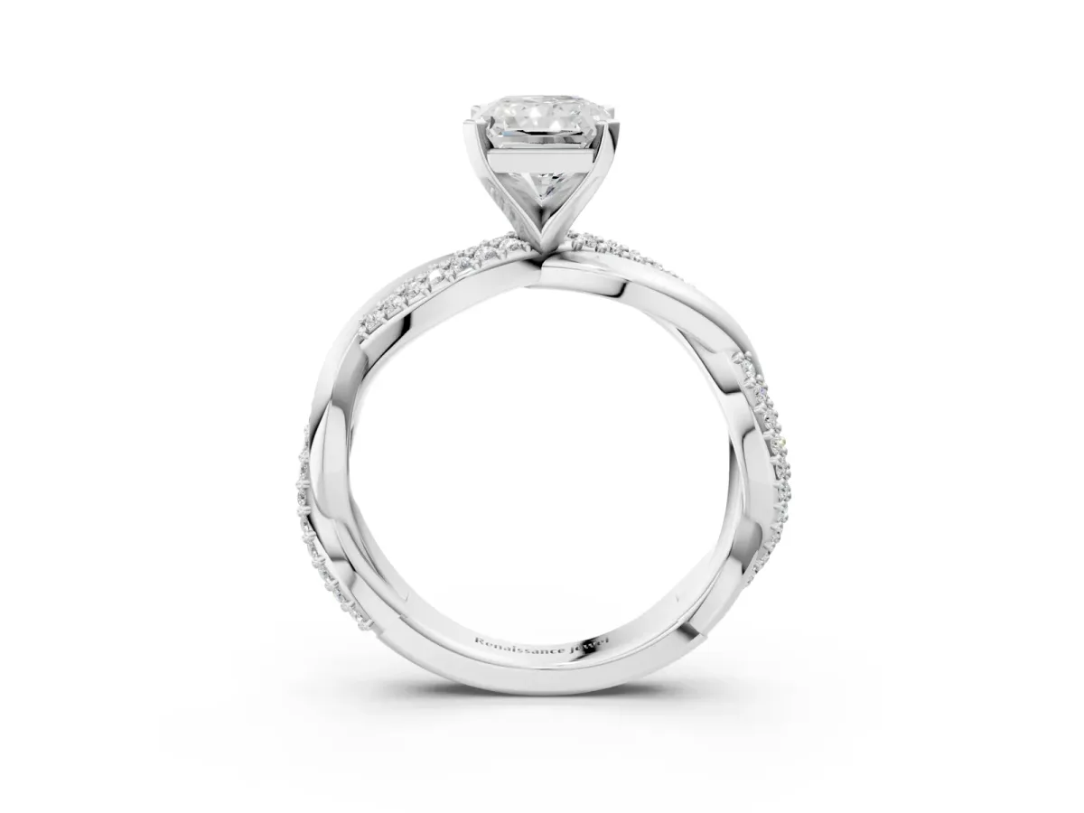 Radiant Cut Solitaire Twist Band with Pave Prong Setting Platinum