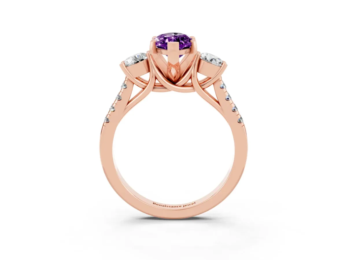 Three-Stone Marquise Cut Amethyst Pavé Band with Four-Prong Setting Rose gold