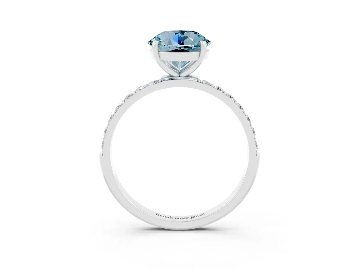 Round Cut Aquamarine Solitaire Ring with Round Pavé Band and Prong Setting Silver