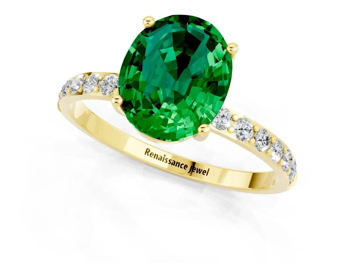 Oval Cut Emerald Solitaire Ring with Round Pavé Band and Prong Setting Yellow gold